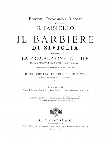 Paisiello - Il barbiere di Siviglia, ovvero La precauzione inutile - Vocal Score - Score