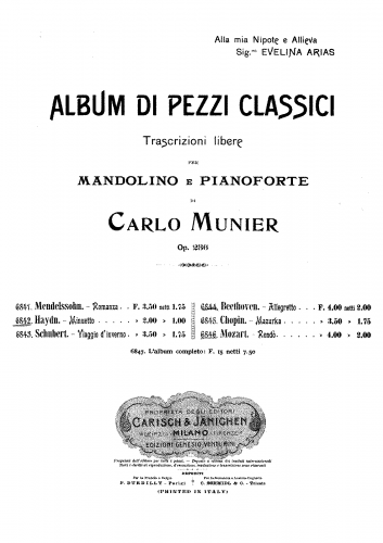 Munier - Album di Pezzi Classici, Trascizioni libere per Mandolino e Pianoforte - Score