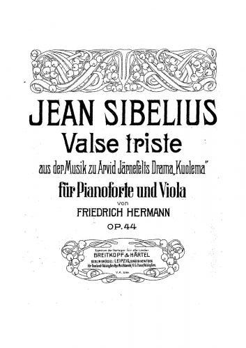 Sibelius - 2 Pieces from Kuolema, Op. 44 - No. 1. Valse Triste For Viola and Piano (Hermann) - Piano Score and Viola part