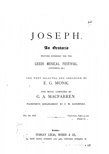 Macfarren - Joseph - Vocal Score - Score