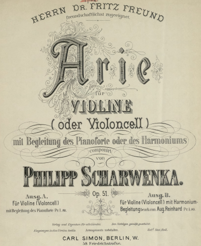 Scharwenka - Arie, Op. 51 - For Violin or Cello and Harmonium (Reinhard) - Score