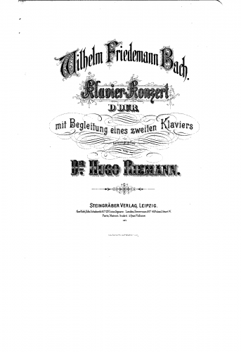 Bach - Harpsichord Concerto in D major, F.41 - For 2 Pianos (Riemann) - Score