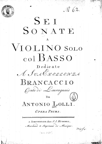 Lolli - 6 Violin Sonatas, Op. 1 - Score
