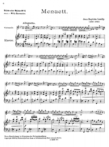 Loeillet - Menuett - Piano score and cello part