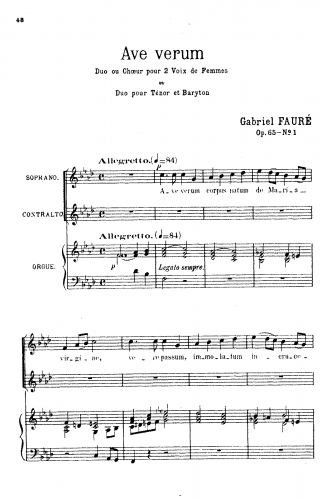 Fauré - 2 Offertories, Op. 65 - Voice and Organ No. 1, "Ave verum" Latin - Score