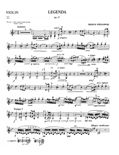 Wieniawski - Legende - For Violin and Piano (Composer) - Violin Part
