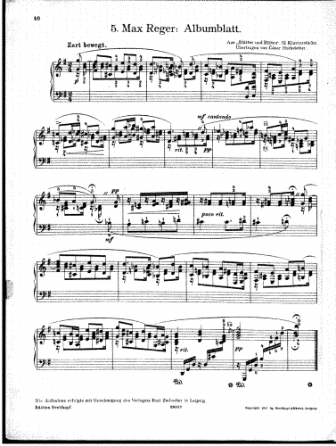 Reger - Blätter und Blüten, 12 Klavierstücke o.Op. - For Piano left hand (Hochstetter)