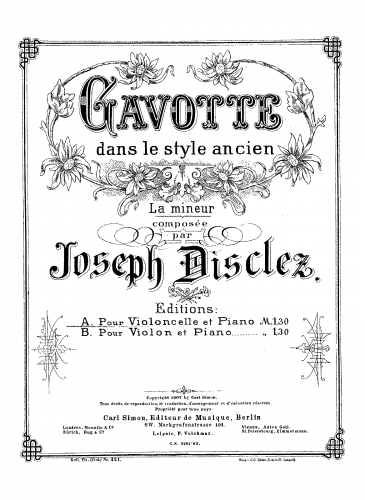 Disclez - Gavotte dans le style ancien - Scores and Parts - Cello/Piano score and Cello part