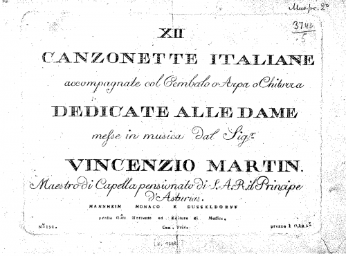 Martín y Soler - 12 Canzonette Italiane accompagnato col Cembalo o Arpa o Chitarra - Score