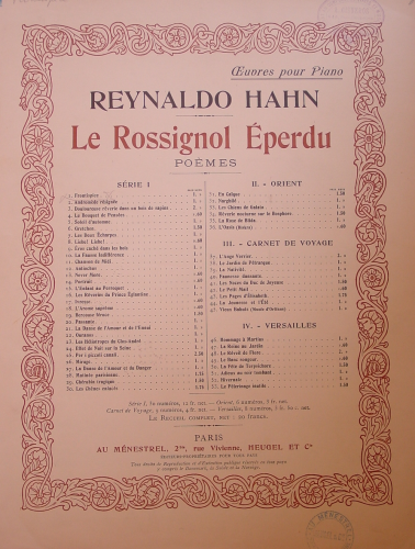 Hahn - Le Rossignol Éperdu - Piano Score - Index