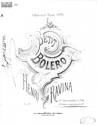 Ravina - Petit boléro - For Piano 4 Hands - Score