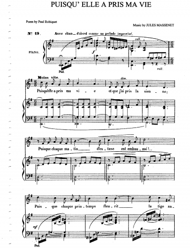 Massenet - Poëme d'Amour - 4. Puisqu'elle a pris ma vie - For Medium Voice