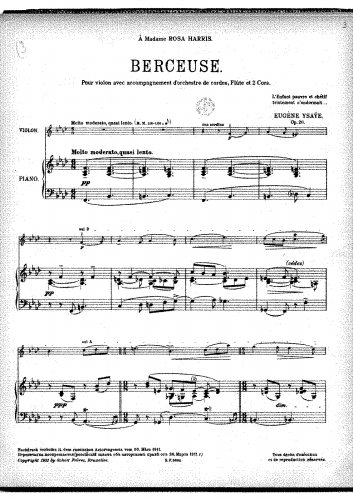 Ysaÿe - Berceuse pour violin avec accompagnement d'orchestre de cordes, Flûte et 2 Cors - For Violin and Piano - Piano Score
