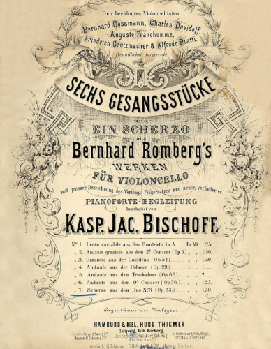 Romberg - 3 Grand Duos for 2 Cellos, Op. 33 - No. 3 in C Major - Scherzo For Cello and Piano (Bischoff) - Piano score and Cello part