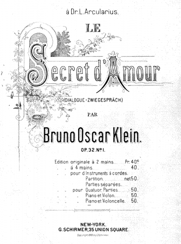 Klein - 2 Morceaux, Op. 32 - No. 1. Le Secret d'Amour For Cello and Piano - Piano score and Cello part