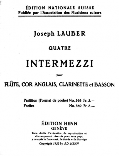 Lauber - 4 Intermezzi for Flute, English Horn, Clarinet and Bassoon - Miniature Score