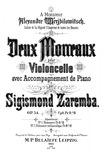 Zaremba - 2 Pieces for Cello and Piano, Op. 54 - Piano Score and Cello Part