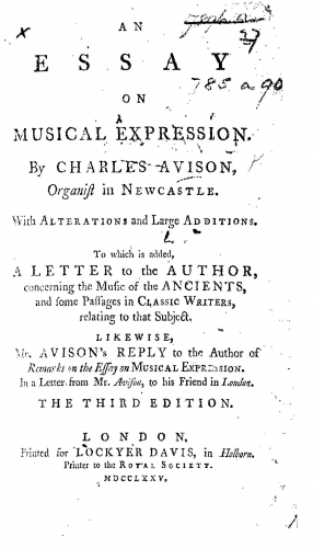 Avison - An Essay on Musical Expression - Complete Book, 3rd Edition