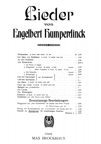 Humperdinck - Dornröschen - Rosengesang (Gesang der Rosenmädchen) For 2 Voices and Piano (Composer, Fuchs) - Score