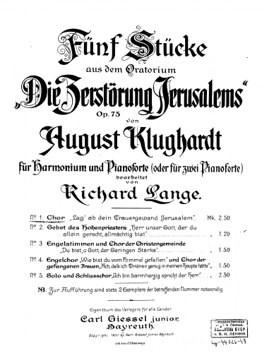 Klughardt - Die Zerstörung Jerusalems, Op. 75 - Selections For Harmonium and Piano (Lange) - Score