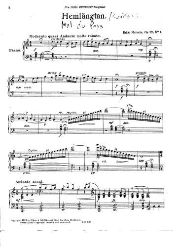Melartin - 3 piano pieces - 1. Hemlängtan (Home sickness)