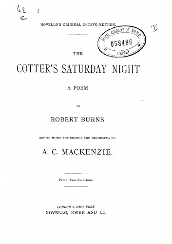 Mackenzie - The Cotter's Saturday Night, Op. 39 - Vocal Score - Vocal Score