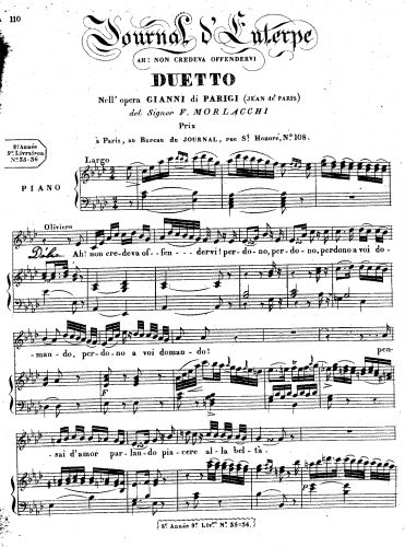 Morlacchi - Gianni di Parigi - Duetto For Voice and Piano - Score