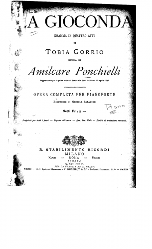 Ponchielli - La Gioconda - For Piano solo (Saladino) - Score