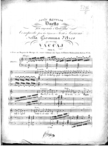 Vaccai - Giovanna d'Arco - Vocal Score Duetto: Sorte aversa - Score