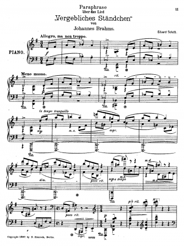 Schütt - Paraphrase on Brahm's Song 'Vergebliches Ständchen' - Score
