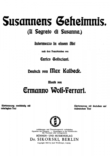 Wolf-Ferrari - Il segreto di Susanna - Vocal Score - Score