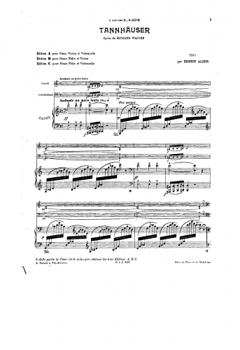 Wagner - Tannhäuser - Selections For Piano Trio with Clarinet and Bass ad lib. (Alder)