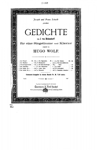 Wolf - Eichendorff Lieder - Voice and Piano - Score
