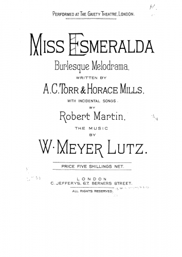 Lutz - Miss Esmeralda, or The Monkey and the Monk - Vocal Score - Score