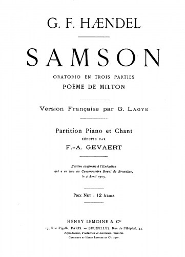 Handel - Samson, HWV 57 - Vocal Score - Score