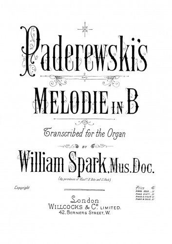 Paderewski - Chants du voyageur, Op. 8 - Melodie (No. 3) For Organ (Spark) - Score