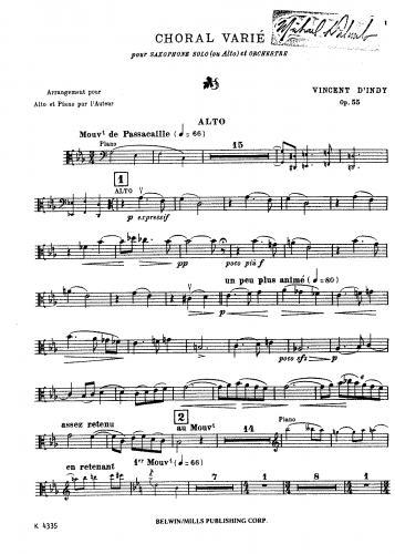 Indy - Choral varié, Op. 55 - For Alto Saxophone and Piano - Viola part (alternate for Saxophone)