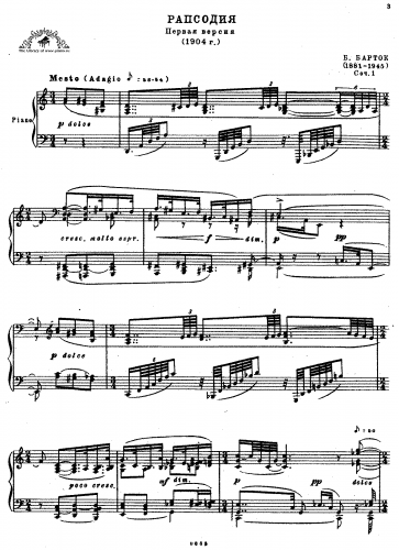 Bartók - Rhapsody Op. 1 - Piano Score Piano Version (1904), Sz.26 - Score