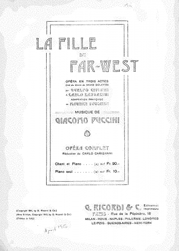 Puccini - La fanciulla del West - Vocal Score - Score