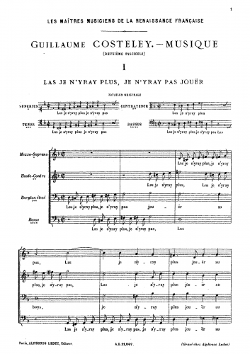 Costeley - Las Je nyray plus, je nyray pas jouër - Score
