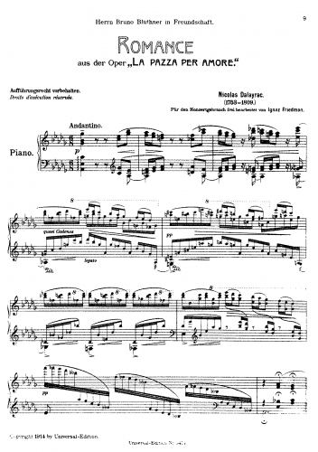 Friedman - Piano Transcriptions (Dalayrac) - Piano Score - Romance from the Opera 'La Pazza per Amore'
