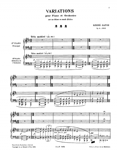 Rhené-Baton - Variations en mode éolien, Op. 4 - Composer's reduction for 2 pianos