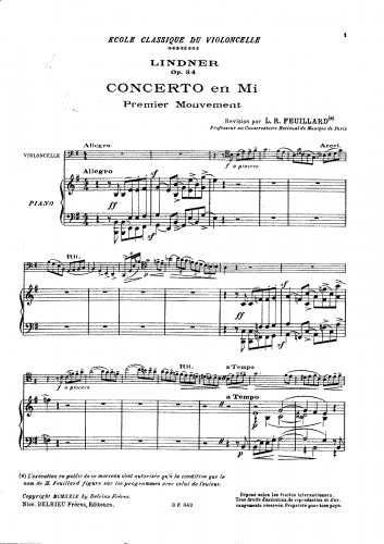 Lindner - Cello Concerto in E minor - I. Allegro moderato For Cello and Piano