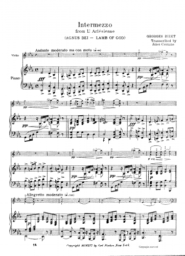 Bizet - L'Arlésienne Suite No. 2 - II. Intermezzo For Violin and Piano (Centano) - Piano Score