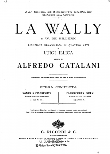 Catalani - La Wally - Vocal Score Complete Work - Score