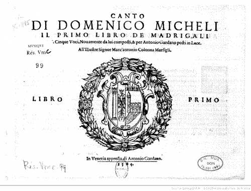 Micheli - Il primo libro de madrigigali a cinque voci