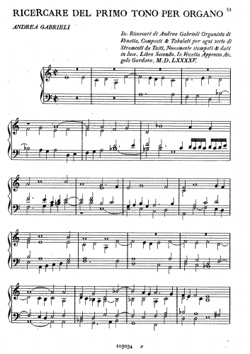 Gabrieli - Ricercare del Primo Tono per Organo - Score