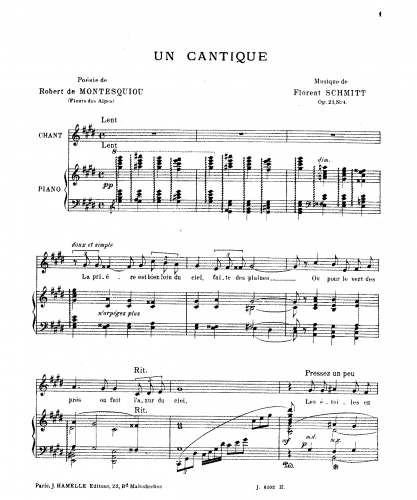 Schmitt - 3 Chansons, Op. 21 - I. Un Cantique