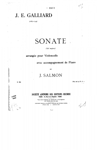 Galliard - 6 Bassoon or Cello Sonatas - Sonata No. 3 in F major For Cello and Piano (Salmon)
