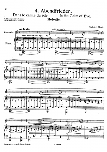 Marie - 4 Morceaux for Cello and Piano - 1. Dans le calme du soir - Piano Score and Cello part